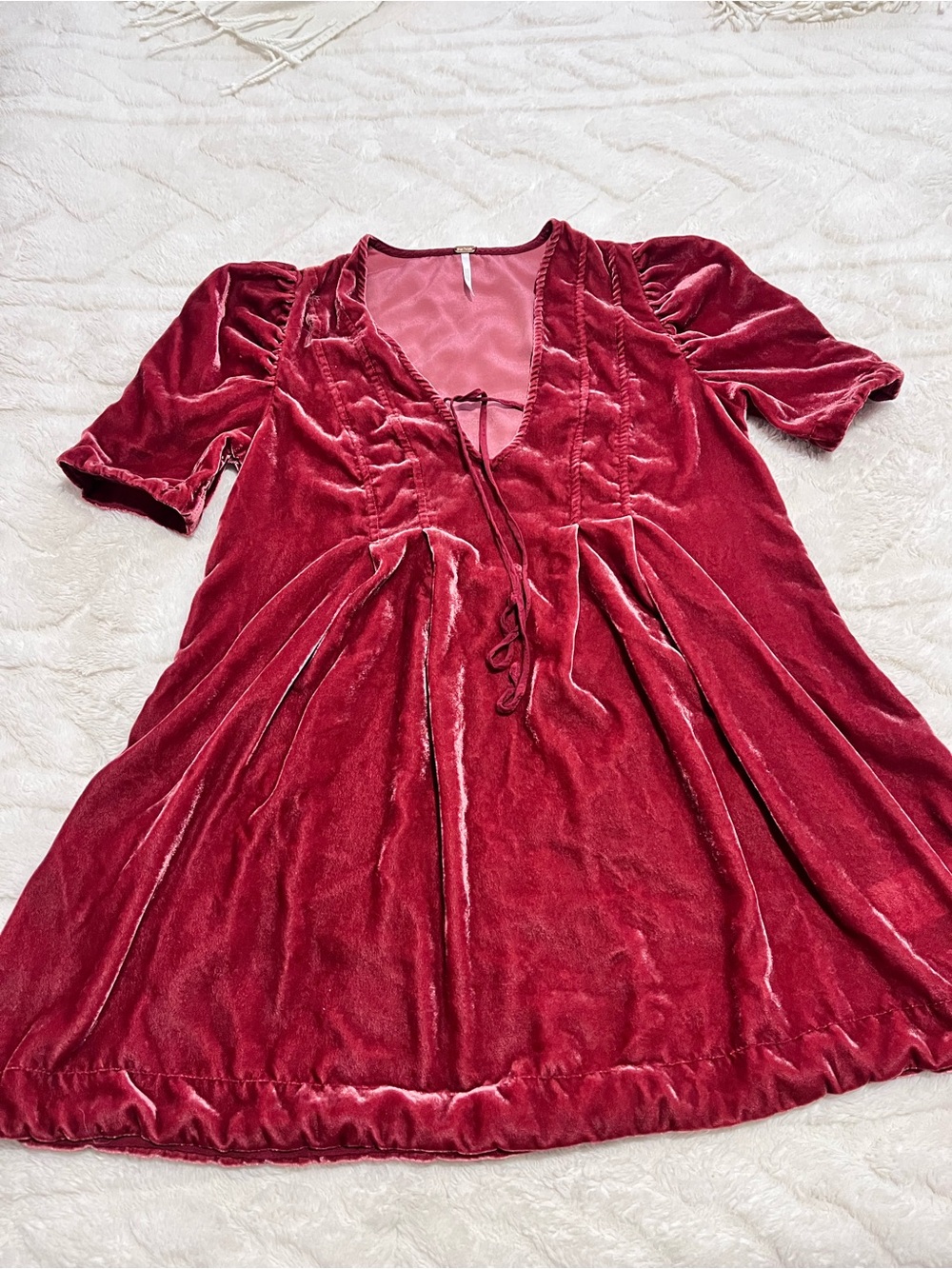 Free People Berry Red Ivy Crushed Velvet Tie Front Puff Sleeve Mini Dress Women